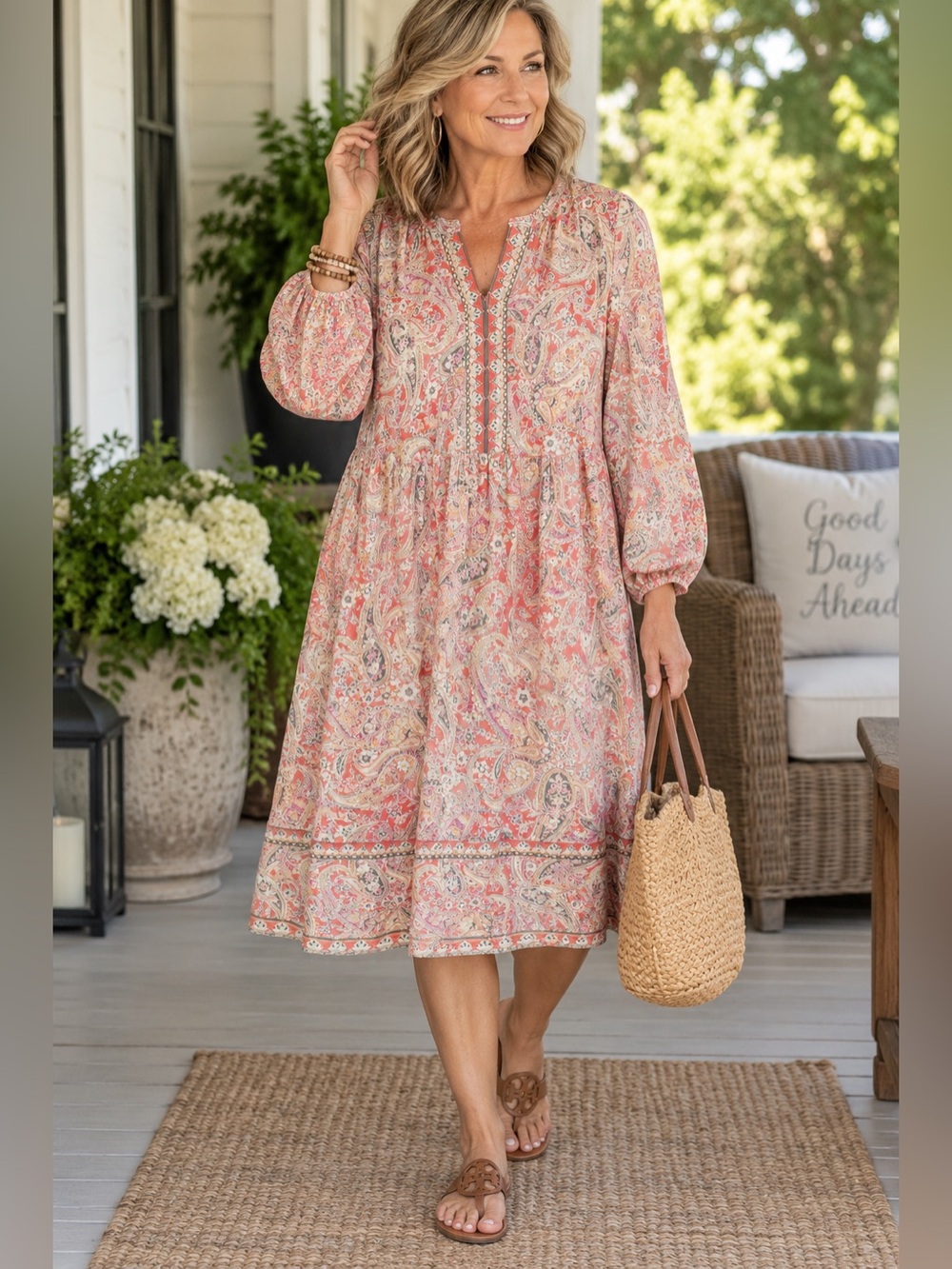 Womens Dress-J. JILL-pink/peach paisley rayon BOHO Peasant Cottagecore-S